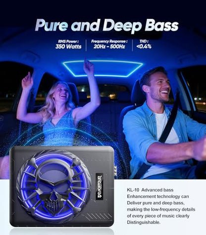 10" 1200W Under Seat Car Subwoofer and amp package，Subs with RGB LED Light | Built in Amplifier,Slim design,Include Mounting Wire Kit,Car/Truck Audio Sub Subwoofer