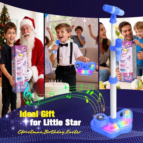 Stand Karaoke Machine Toy for Kids Ages 3-5 4-6 5-7 Birthday Gifts for 3 4 5 6 7 8 Year Old Boy, Kid Rechargeable Karaoke Microphone with 2 Wireless Mics, Bluetooth Speaker Toddlers Boys Party Toys - color: Blue