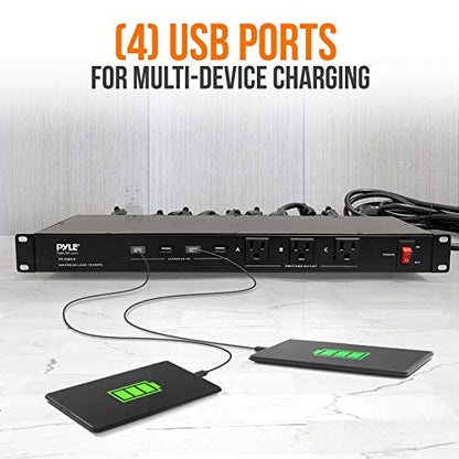 Pyle 19 Outlet 1U 19" Rackmount PDU Power Distribution Supply Center Conditioner Strip Unit Surge Protector 15 Amp Circuit Breaker 4 USB Multi Device Charge Ports 15FT Cord, Black - PCO865 | 15 Amp Circuit Breaker - 4 USB Ports - 15FT Cord - Power Supply
