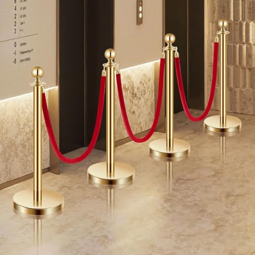 VEVOR Stanchions and Velvet Ropes 8Pcs, Hollow Base with Stainless Steel Post, 6 Red Velvet Ropes and Posts, Crowd Control Barriers Gold Stanchions, Red Carpet Runner Poles for Party Supplies - color: Gold