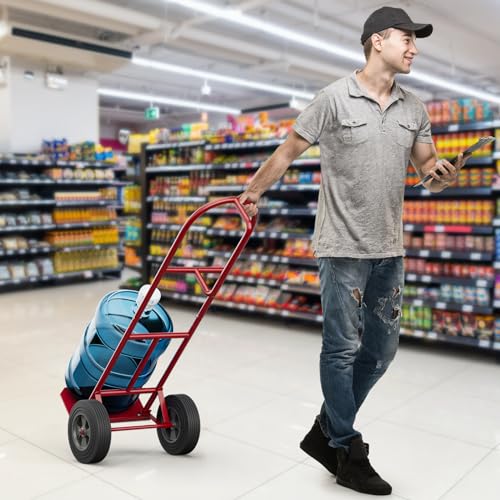 Goplus Hand Truck, P-Handle Hand Truck Dolly with Vertical Loop Handle, 10” Wheels, 15” x 9” Foldable Nose Plate, 660 LBS Capacity, Heavy Duty Metal Dolly Cart for Lifting, Moving, Delivery, Stairs - style: Round Handle-Red