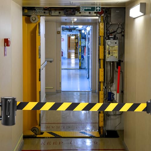 Wall Mount Retractable Belt, 16 Feet | Crowd Control Wall Barrier with Steel Case, Black Yellow Caution Flood Traffic Belt Diagonal Stripe for Grocery, Retail Store