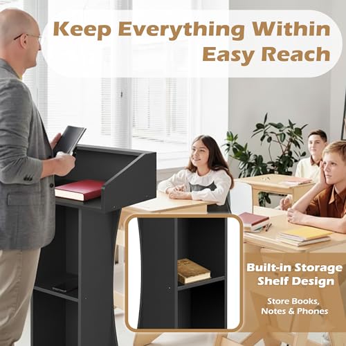 Podium Stand with Lockable Wheels,47"H Wooden Podium for Classroom, Mobile Pulpit Lectern with 3 Storage Shelves for Church, Office,Conference Room (Black) - color: Black