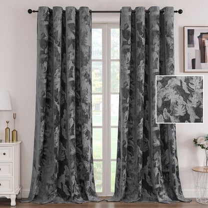 H.VERSAILTEX Velvet Leaf Pattern Curtains for Living Room 96" L, Dark Gray | Luxury Velvet, Room Darkening, Light Blocking, Noise Reducing, Thermal Insulated, Grommet Top, 52 X 96 Inch, 2 Panels - color: Leaf-dark Gray, size: 52"W x 96"L (Pack of 2)