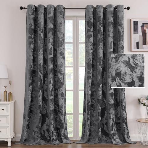 H.VERSAILTEX Velvet Leaf Pattern Curtains for Living Room 84" L, Dark Gray | Luxury Velvet, Room Darkening, Light Blocking, Noise Reducing, Thermal Insulated, Grommet Top, 52 X 84 Inch, 2 Panels - color: Leaf-dark Gray, size: 52"W x 84"L (Pack of 2)