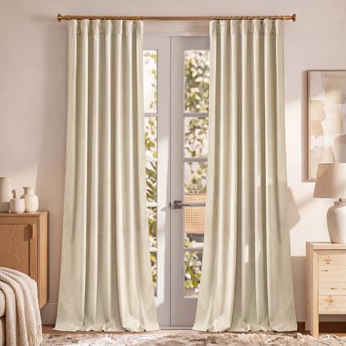 RYB HOME Beige Velvet Curtains 84 inches Long for Bedroom Farmhouse | Thermal Insulated, Room Darkening, UV Privacy Block, With Hook Belt, Back Tab, Living Dining Room, W52 x L84, 2 Panels - color: Beige, size: 52"W x 84"L (Pack of 2)