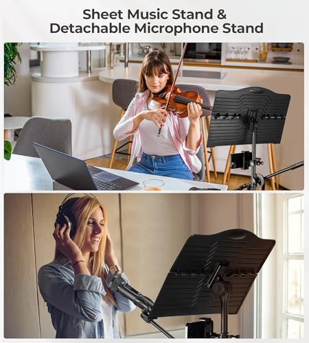 Music Stand, Vangoa Folding Sheet Music Stand with Detachable Microphone Stand & Phone Holder, Portable Lightweight with Music Sheet Clip Holder & Carrying Bag for Instrumental Performance - size: Music Stand + Microphone Stand