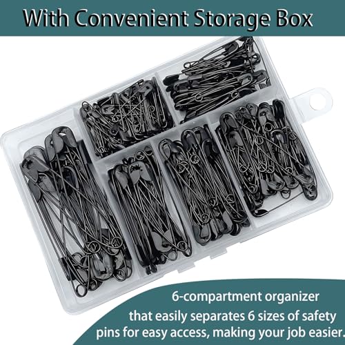 250 Pieces 6 Different Sizes Safety Pins Large and Small Safety Pins Durable, Rust-Resistant for Art Craft Sewing Jewelry Making Home Office Supplies (Black) - color: Black