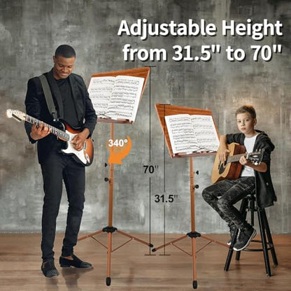 Sheet Music Stand - Portable Music Stand with Carrying Bag, Made of Wooden and Metal Build, Bamboo Conductor Podium Lectern Metal Stand Foldable with Adjustable Height & Angle for Home or Studio