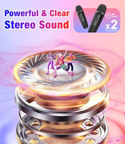 Mini Karaoke Machine, Portable Bluetooth Speaker with 2 Wireless Microphones for Kids & Adults, Karaoke Microphone with LED Lights, Gifts for Girls & Boys - color: Black