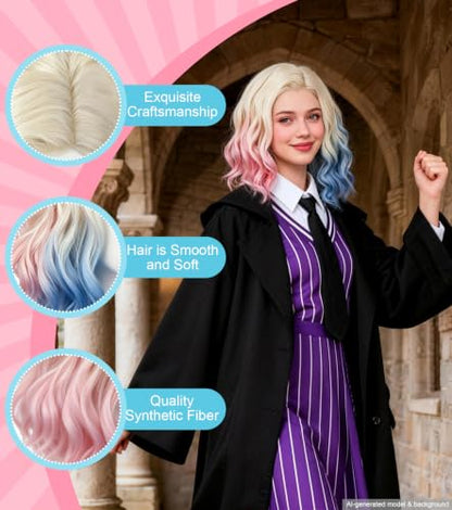 Pink Blue Ombre Blonde Bob Wig, Short Wavy Cosplay Wig for Women | Shoulder-length synthetic wig with pink blue highlights for Halloween cosplay, costume parties, anime events, and dress-up - color: Pink Blue