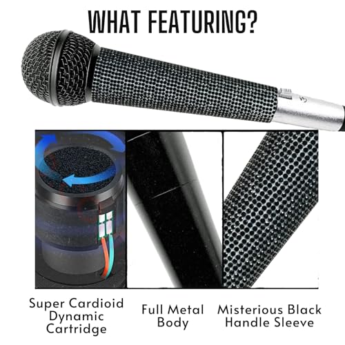 Black Vocal Microphone with XLR Cable and Silver Rhinestone Sleeve | Wired Mic Focuses Vocals With Cardioid Pickup; 11.5-Ft Lead with Silver Mic Cover and Grill Band Suit Karaoke Or Parties