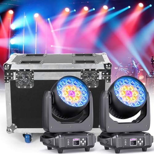 19x15W RGBW 4in1 Moving Head DJ Lights, Beam/Wash/Zoom Effect Stage Lighting, DMX512 & Sound Activated Control for Party Wedding Disco KTV Bar Stage Show -2Pcs with Flight Case - color: 2Pcs with Flight Case