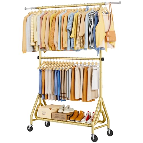 Double Rods Clothing Rack, Heavy Duty Clothes Rack for Hanging Clothes Load 560LBS, Metal Rolling Garment Racks with Wheels, Freestanding Clothes Hanging Racks, Gold - color: Gold, size: Double Rods