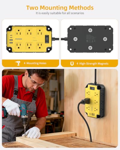 12AC Magnetic Heavy Duty Power Strip, 6.5 FT Extension Cord Surge Protector | PAEWOK 15 Amps/1200 Joules, 4 USB Ports (2 USB-C), Power Strip for Industrial Shop Garage, Yellow - style: 12AC+USB