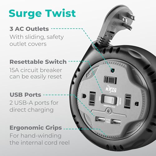 KMC 3-Outlet Surge Twist Cord Reel, 2 USB Ports, Retractable Power Strip Surge Protector, 735J Surge Protection, 5ft Retractable Extension Cord, 3-Prong Low-Profile Flat Plug, UL/ETL Certified, Gray