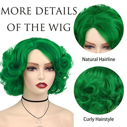 Short Curly Green Wigs For Women Cosplay St Patricks Day Costume Dress Up | Big Layered Wavy Synthetic Hair Halloween Costume Party Drag Queen Dress Up Dark Green Wig with Side Bangs Irish Queen Trendy - color: Green