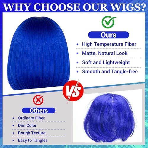 Short Bob Straight Hair Wigs with Bangs, Heat Resistant Fiber Hair, Heart-shaped Glasses for Women (Blue) - color: Blue