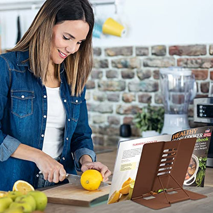 Honagu Book Stand Metal Desk Book Holder, Book Holders for Reading Hands Free, Adjustable Cookbook Documents Holder, Portable Bookstand for Music Books, Textbook, Recipe, Tablet, Ipad (Brown) - color: Brown