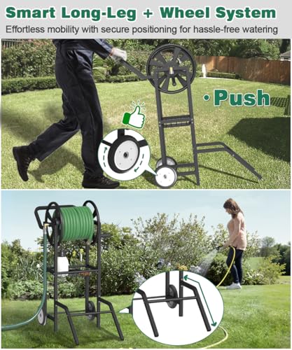 Hose Reel Cart with 2 Wheels, Garden Water Hose Holder Heavy Duty Powder Coated Steel Outdoor Winder Storage Holds 125 ft 5/8" Hoses with Basket and 3.9ft Leader Hose for Backyard, Black - color: Black