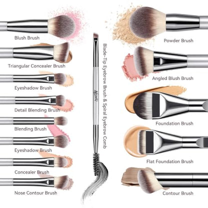14 PCS Professional Makeup Brushes Set with Travel Cosmetic Bag（Silver） | Luxe Soft Synthetic Face & Eye Makeup Brush Kit for Foundation, Powder, Blush, Concealer, Eyeshadow, Contour, Eyebrow - color: 14PCS-0-Silver