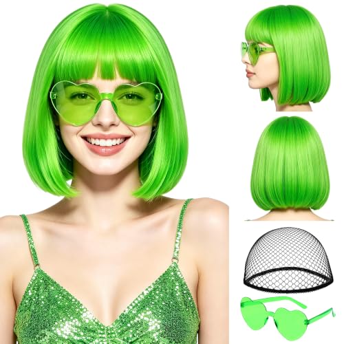 Short Bob Straight Hair Wigs with Bangs, Synthetic Fiber Colorful Hair, Heart-shaped Sunglasses for Women (Light Green) - color: Light Green