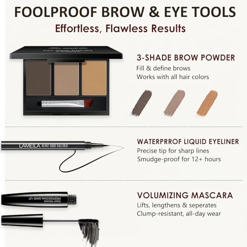 All-In-One Beginner Makeup Kit for Women - 7-Shade Baked Powder Palette, Brow Powder, Setting Powder, Matte Lipstick, Eyeliner, Mascara & 5 Brushes - Full Face Makeup Set for Daily Wear & Travel - color: 7-Baked