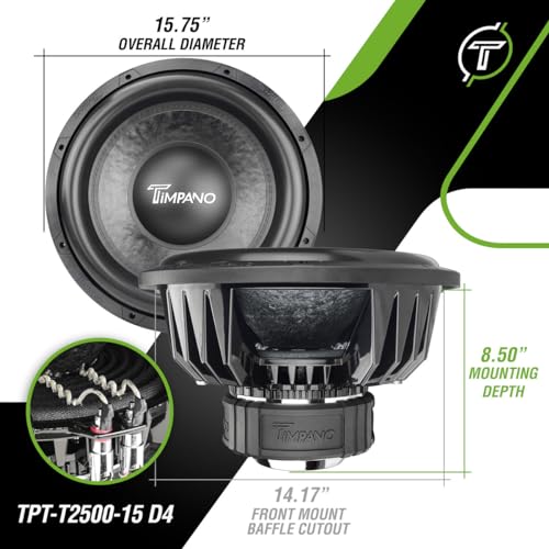 Timpano 15 Inch Subwoofer D4 2500 Watts Max Power Dual 4 Ohm, 15 Subwoofer Speaker 23.5 mm High Xmax, TPT-T2500-15 D4, 3 in Voice Coil, Competition Sub Woofer for Car Audio Systems (Single) - size: 15 Inch - Dual 4 Ohm