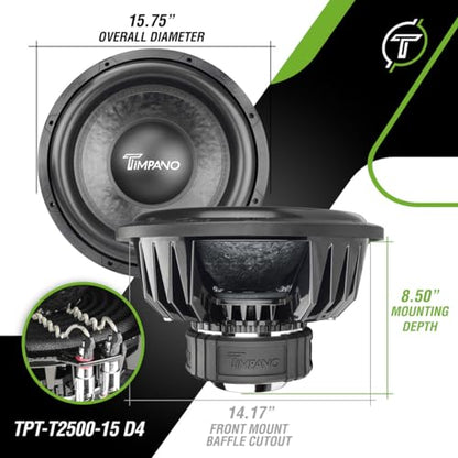 Timpano 15 Inch Subwoofer D4 2500 Watts Max Power Dual 4 Ohm, 15 Subwoofer Speaker 23.5 mm High Xmax, TPT-T2500-15 D4, 3 in Voice Coil, Competition Sub Woofer for Car Audio Systems (Single) - size: 15 Inch - Dual 4 Ohm