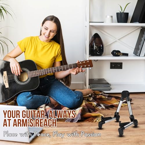 Flexzion Guitar Stand Folding Adjustable A-Frame Floor Portable Instrument Stand Rack Holder for Acoustic Electric Classical Guitar and Bass, Violin, Ukulele, Banjo, Mandolin Portable Lightweight | Portable Aluminum-Alloy Frame Weighs Less Than 1 Lb and F