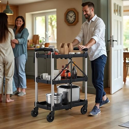 YITAHOME 3-Tier Folding Utility Cart with Wheels (2 Brakes), 240lbs - size: 240 LBS with 23.03" L x 15.35" W x 32.6"H