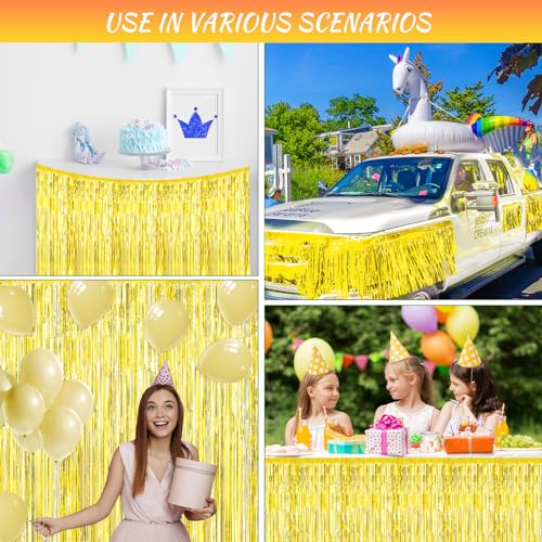 2 Pack 29.5x108 Inch Gold Foil Tinsel Fringe Table Skirts, Disposable Table Skirts for Rectangle Tables Curtains Backdrop Parade Wedding Floats Baby Shower Birthday Mardi Gras Party - color: Gold