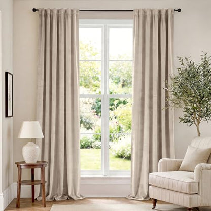 Lazzzy Extra Long Beige Velvet Curtains Rod Pocket 52×120 Inch 2 Panels - color: R | Beige, size: 52"W x 120"L (Pack of 2)