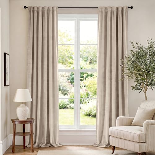 Lazzzy Extra Long Beige Velvet Curtains Rod Pocket 52×108 Inch 2 Panels - color: R | Beige, size: 52"W x 108"L (Pack of 2)