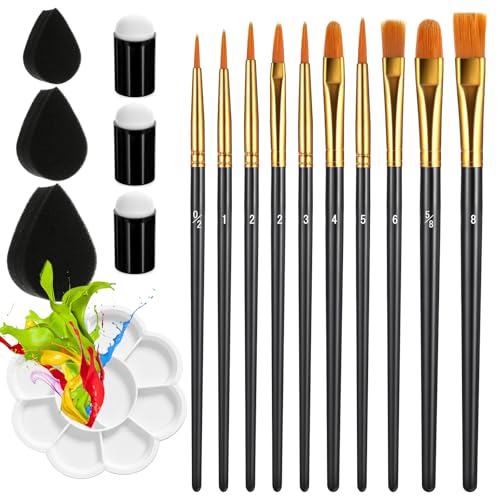 17 PCS Face Paint Brushes and Sponges Set, Professional Face Painting Brushes with Paint Mixing Palette for Acrylic Painting, Watercolor, Oil, Gouache for Cosplay Party