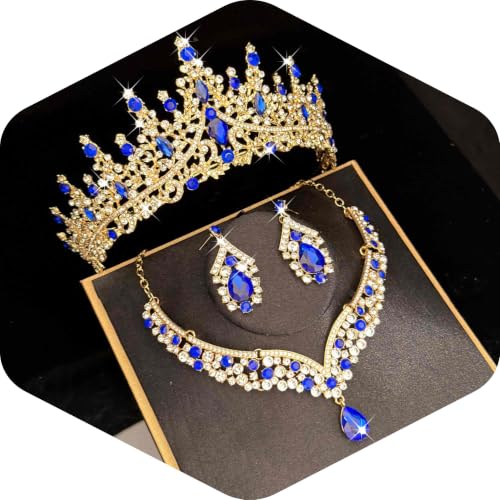 Tiaras Crowns for Women,Wedding Jewelry Set, Tiaras Necklace Earrings Crystal Bridal Wedding Jewelry Sets for Brides Bridesmaid Prom Costume Accessories - color: Gold Blue