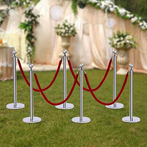 6PCS Stanchions and Velvet Ropes,4 Red 4.92" L Velvet Ropes and 37.4" H Stainless Steel Posts with Hollow Base, Crowd Control Barriers Stanchions, Carpet Runner Poles for Party Supplies,Sliver - color: Sliver