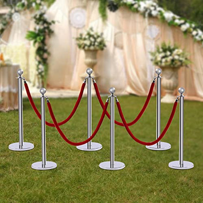 6PCS Stanchions and Velvet Ropes,4 Red 4.92" L Velvet Ropes and 37.4" H Stainless Steel Posts with Hollow Base, Crowd Control Barriers Stanchions, Carpet Runner Poles for Party Supplies,Sliver - color: Sliver