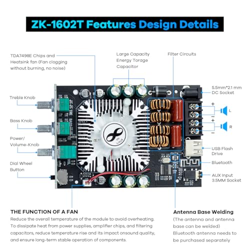 Hosyond ZK-1602T Bluetooth Amplifier Board, 2.0 Channel 160W+160W Stereo Audio Amp with Treble & Bass Control, DC 15-36V Power Supply, Bluetooth 5.0 & AUX Inputs for Home DIY Speakers - style: ZK-1602T
