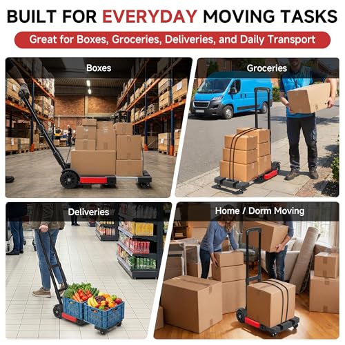 Folding Hand Truck Dolly, 220 lb Portable Utility Cart | with Expandable Base, 3 Adjustable Heights, 5-Wheel Collapsible Luggage Cart with 2 Ropes for Moving, Office and Travel