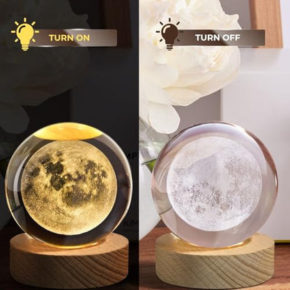 Flexzion 3D Moon Crystal Ball Night Light - LED Light Hologram Glass Lamp with Solid Wood Base, USB Powered Crystal Ball Lamp with Adjustable Brightness for Home Decor Display Gift, 2.4inch(60mm) | Moon Lamp with Solid Beech Wood Base and Adjustable Brigh
