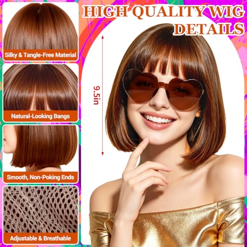 Short Bob Straight Hair Wigs with Bangs, Synthetic Fiber Colorful Hair, Heart-shaped Sunglasses for Women (Brown) - color: Brown