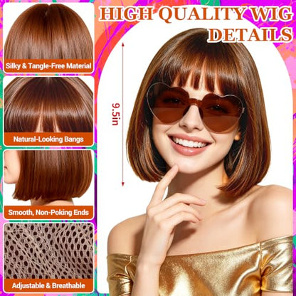 Short Bob Straight Hair Wigs with Bangs, Synthetic Fiber Colorful Hair, Heart-shaped Sunglasses for Women (Brown) - color: Brown