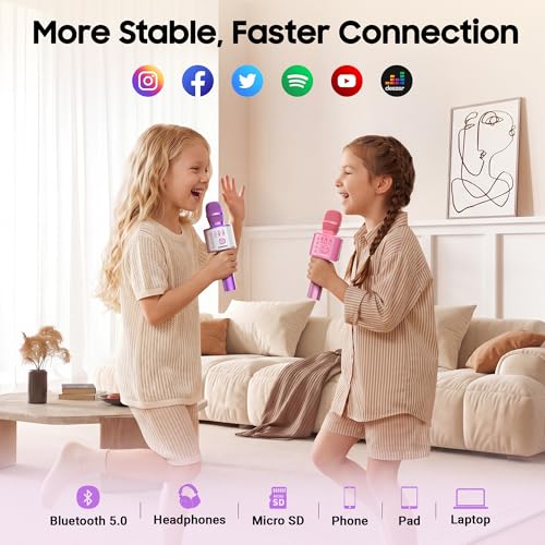 BONAOK Wireless Bluetooth Karaoke Microphone, 3-in-1 Portable Handheld Mic Speaker Machine for All Smartphones, for Girls Boys Kids Adults All Age Q37(Light Purple) - color: Light Purple