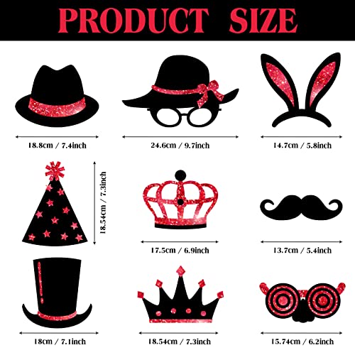 Zonon 24 Pcs Photo Booth Props Set Black Gold Birthday,Red and Black | Props on Sticks for Wedding, Reunion, Prom, Includes Mustache, Hats, Glasses, Ties, Lips, Crowns, Fun Party Accessories - color: Red and Black
