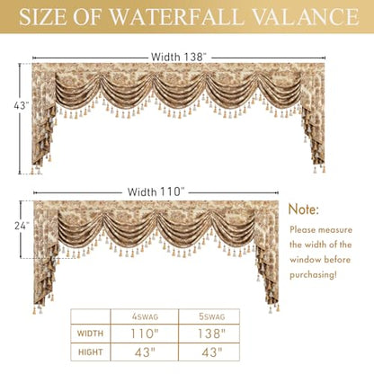Leeva Waterfall Valance 110" Ultra Wide Buttercream, Antique Damask Jacquard & Elegant Drape Tassels, Swag Window Curtains for Bedroom Living Room, Rod Pocket Top - color: *Beige, size: 110"W x 45"L (Pack of 1)