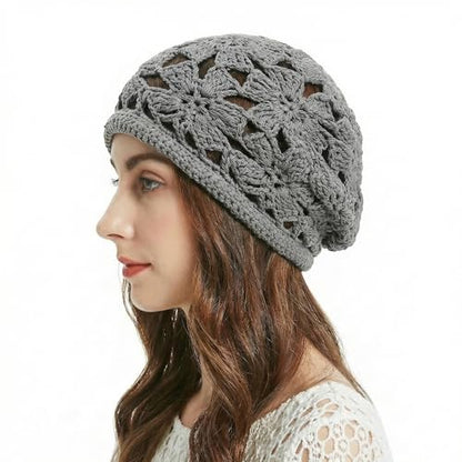 ZLYC Women Cotton Crochet Slouchy Beanie Hat Handmade Knit Summer Skull Cap | Lightweight breathable,boho casual chic look,travel photos festival party,café commute daily wear,beach concert gathering - color: Crochet Grey