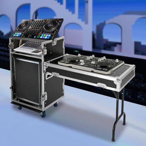 14U PA DJ Pro Audio Rack Road Case w/Slant Mixer Top, Heavy Duty Mobile Studio Equipment Cabinet, Network and Stereo Rack DJ Mixer Rack for Mixers & Live Sound - size: 14U / Side Tables
