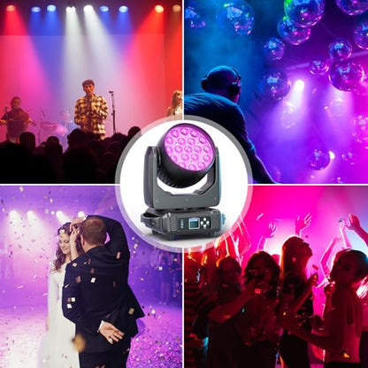 Moving Head Lights 19x15W RGBW 4-in-1 LED Stage Light with Zoom Beam Wash Effect by Sound Activated Auto DMX Control for Wedding DJ Disco Parties Nightclub Show Bar (4 Packs)