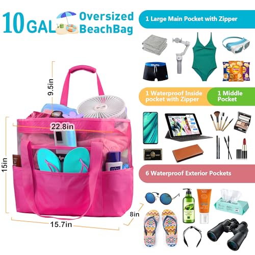 Mesh Beach Bag - Large Waterproof Beach Tote Bag with Zipper | Oversized Foldable Lightweight Family Swim Bag Vacation - color: Rose Red